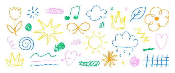 istock Set of childish elements with crayon texture. Star, music, crown, and flower painted by chalk or pastel. Color doodle vector illustration on a white background. 2195979965