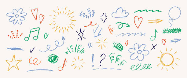 illustrations, cliparts, dessins animés et icônes de ensemble d’éléments dessinés à la main pour les enfants avec une texture au crayon ou pastel. des flèches, des nuages et des fleurs. illustration vectorielle de couleur craie sur fond blanc. - gribouillage