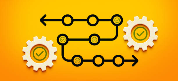 istock 3D Curved Arrow with Focus Circles and Check Marks, Surrounded by Gears, Representing Process Flow and Approval 2195984483