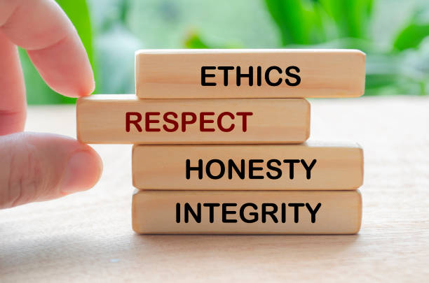 istock Ethics, respect, honesty and integrity text on wooden blocks with blurred nature background 2195986243