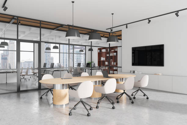 istock Modern conference room with wooden table, white chairs, and large windows in office building. 3D Rendering 2195986957