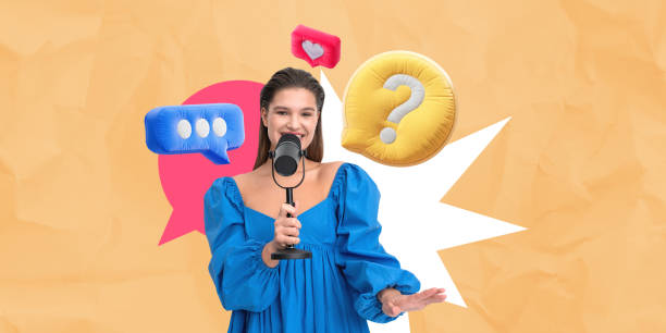 istock Blogger with microphone and chat icons on vibrant background. 2195987014