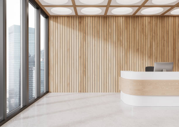 istock Modern reception area with large windows, wood panel walls, and minimalist design concept. 3D Rendering 2195987999