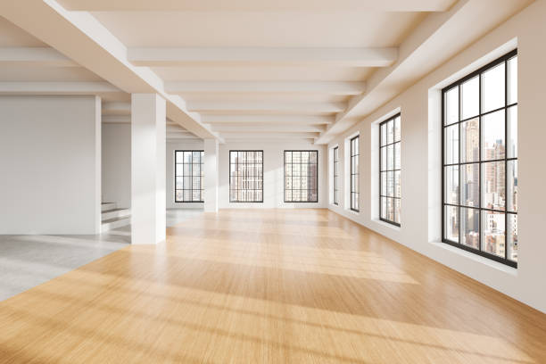 istock Modern empty loft space with large windows and wooden flooring. 3D Rendering 2195988013