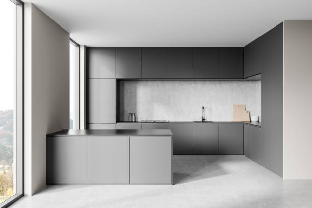 istock Modern gray kitchen interior with minimalist design and large windows. 3D Rendering 2195988291