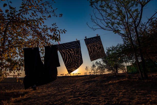 Silhouette of laundry hanging on a line at sunrise
