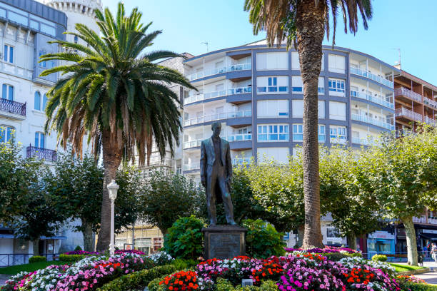 Beautiful square full of colorful flowers in Castro Urdiales in honor of the composer Arturo Dúo Vital. Castro Urdiales , Cantabria - Spain