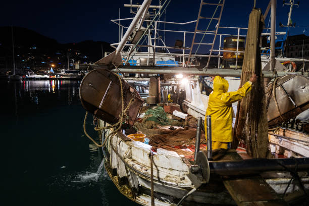 Typical Mediterranean Sea small artisanal fisheries. Trawlers at the harbor of Anzio