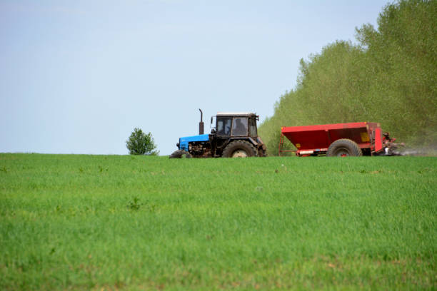Tractor Spreading Fertilizer in the green field