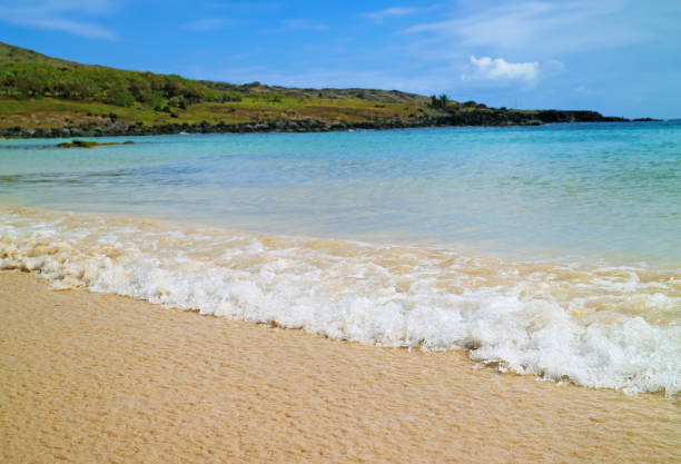 Amazing Anakena Beach with Splashing Waves from Bright Blue Pacific Ocean, Easter Island, Chile, South America