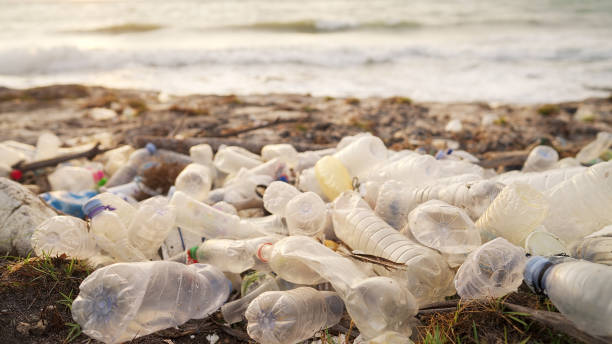 istock sea pollution, plastic water bottles, ocean waves in background 2195996288