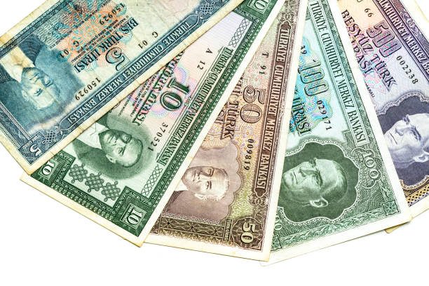 Close up Fifth Emission old turkish lira banknotes.