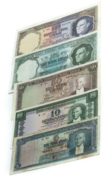 Close up Fifth Emission old turkish lira banknotes.