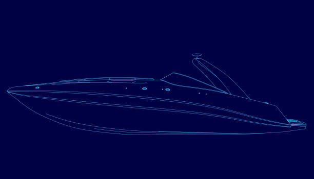 istock Blue boat is shown in a stylized way, with the lines of the boat's design emphasized. Scene is one of excitement and adventure 2196001716