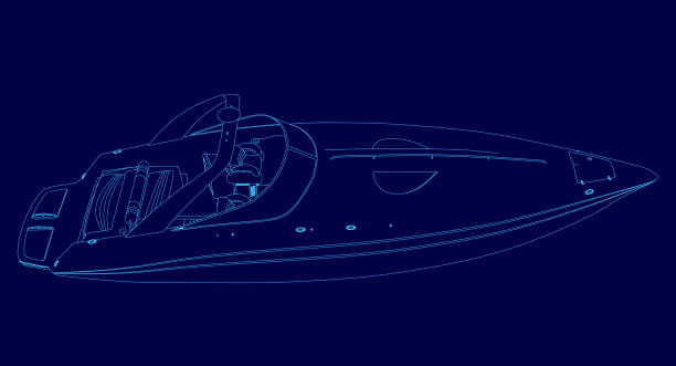 istock Blue boat with a steering wheel and a circle on the front. The boat is shown in a stylized way, with the blue color dominating the image 2196002148