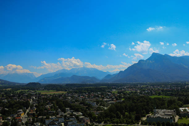 A panoramic view of Salzburg with lush greenery, scattered houses, and towering mountains in the distance under a bright blue sky with scattered clouds.