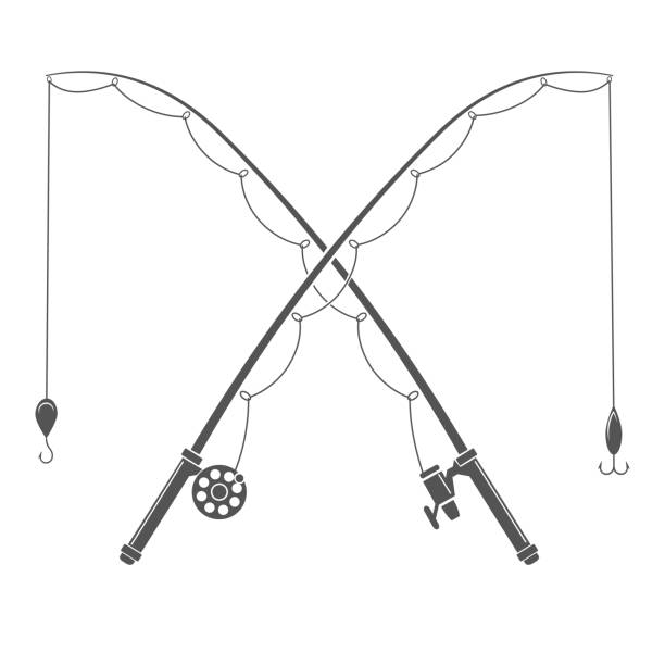 Monochrome fishing rods with hook. Professional fishing emblem or logo isolated vector illustration