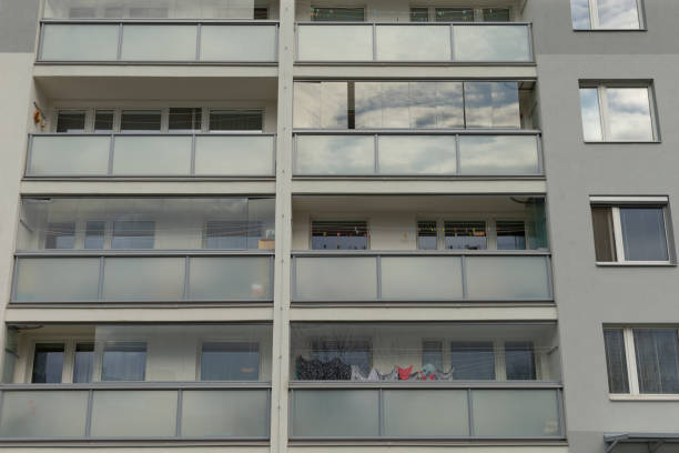 Black and white photography of 1970 balconies in good conditions.