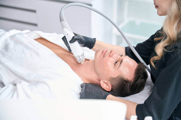 istock Man hope for improvement in his skin texture after microneedle rf lifting 2196030114