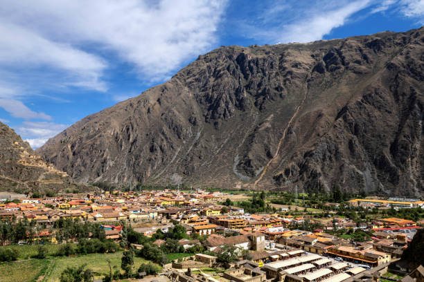 Ollantaytambo, Peru, November 13, 2021:  Aerial view of the Peruvian town of Ollantaytambo. Nearby is the famous Inca archaeological site. During the Inca Empire, Ollantaytambo was the royal estate of Emperor Pachacuti, who conquered the region.