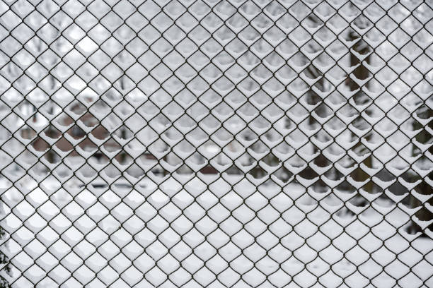 A chain link fence covered in snow photographed from the front, snow stuck to and frozen into the fence details, a yard photographed through the fence during a snowfall, weather conditions snowfall, from a close distance