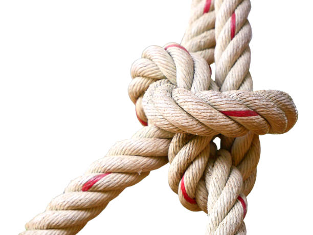 Hemp rope with knot on white background.