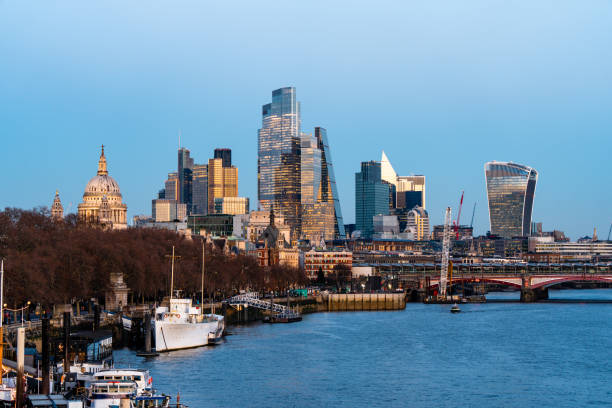 London skyline reflecting on thames river at dusk