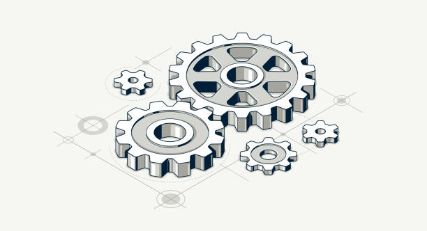 ilustraciones, imágenes clip art, dibujos animados e iconos de stock de mechanical engineering concept, gears and cogs with project drawing draft isometric 3d vector illustration, cogwheels system technology and technics machinery engine. - reclutamiento militar