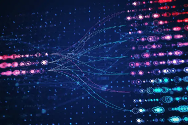 Photo of Abstract digital data flow visualization on dark blue background. 3D Rendering