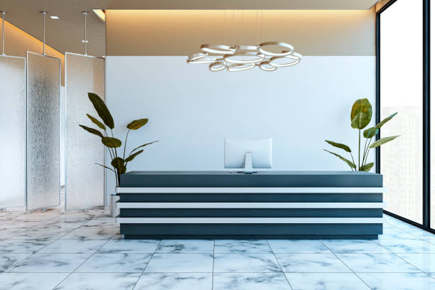 istock Modern reception desk with plants and contemporary lighting in a corporate office interior. 3D Rendering 2196039430