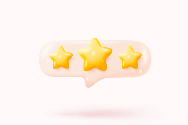 istock 3d stars rating for best excellent services. Result score for satisfaction in speech bubble. Review for quality customer rating feedback, product award review. 3d star icon vector render illustration 2196041277