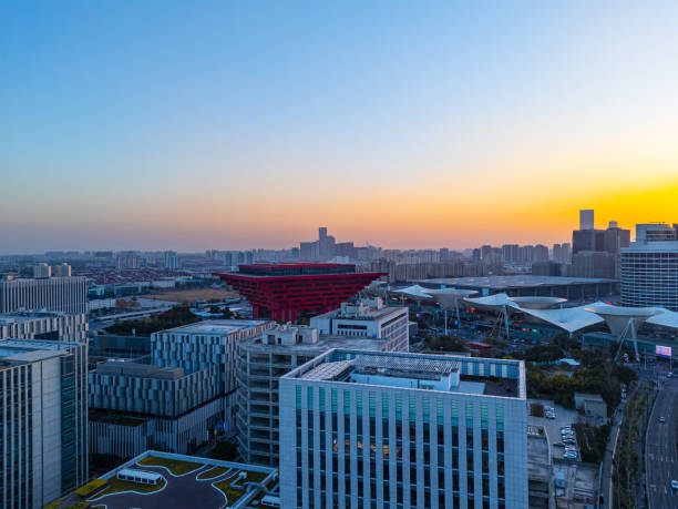 istock Aerial view of shanghai skyline at sunset 2196043354