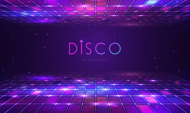 istock Disco party showcase background with neon rainbow dance floor and ceiling. Disco ball background. Vector illustration 2196047461