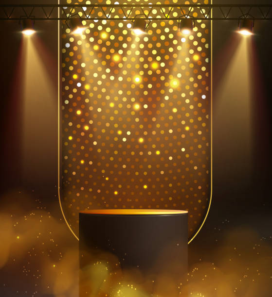 istock Disco party showcase background with 3d podium, disco ball sequin glitter texture and spot light beams. Disco ball golden background. Vector illustration 2196048502