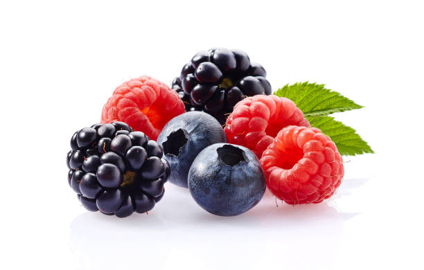 istock Mix berries in closeup on white background 2196049846