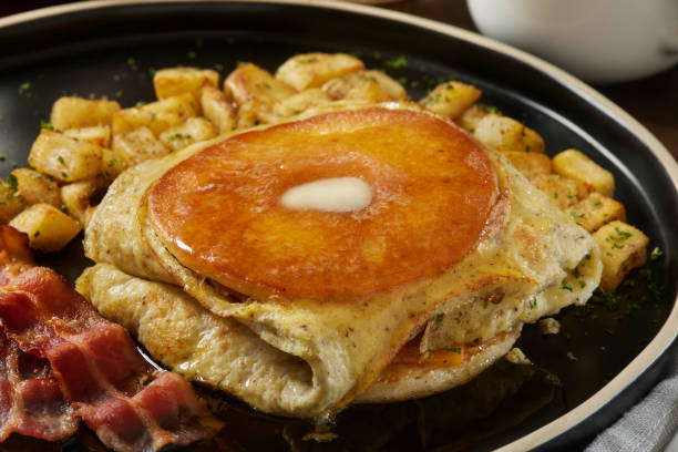 The Viral Pancake Omelette with Cheddar Cheese, Bacon, Hash browns and Maple Syrup