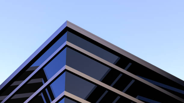 istock House with panoramic glass windows, minimal design modern building. Urban building with reflection in windows on sky background,wallpaper.3D render 2196054517