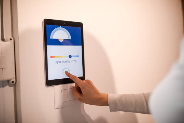 istock Young woman controlling home light son smart home app on device attached on wall 2196059688