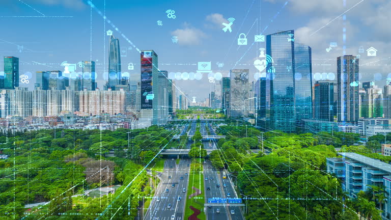 Hyperlapse smart city wireless network signal data transmission high speed and connection of ShenZhen business district futuristic city, Internet of Things icon.
