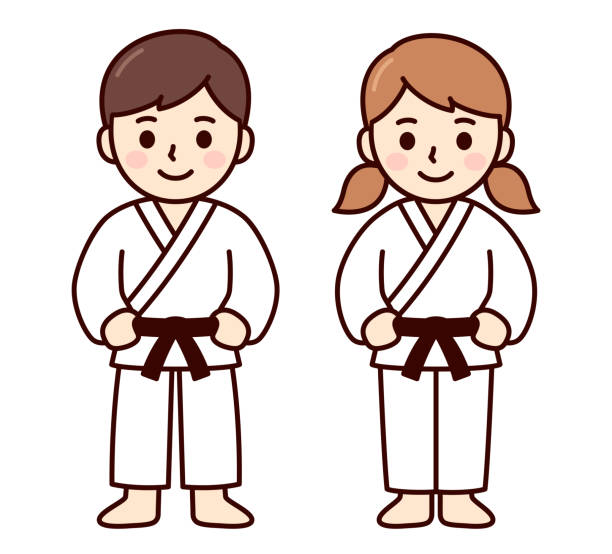 Cute cartoon kids in martial arts uniform Cute cartoon kids in martial arts uniform (gi). Boy and girl karate, aikido, judo students. Simple drawing, vector clip art illustration. japanese boy uniform cartoon stock illustrations