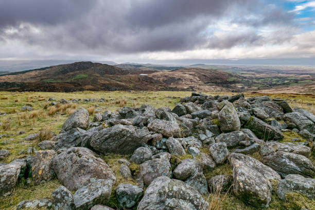 istock A vast landscape features scattered large rocks on a grassy field, leading to rolling hills in the distance, all set under a cloudy sky during daylight hours. 2196065661