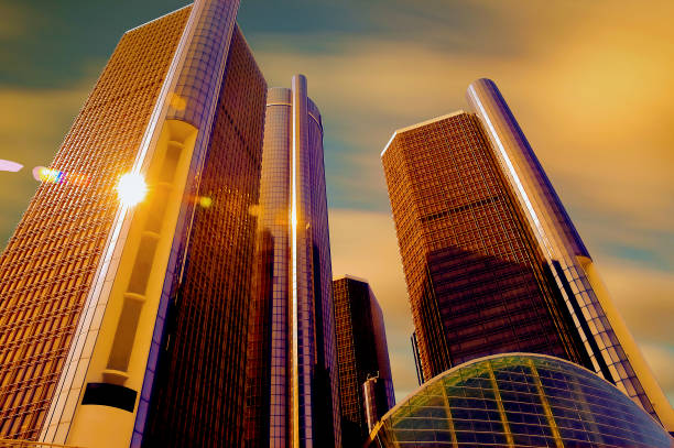 Detroits iconic office and hotel complex downtown at sunrise glow