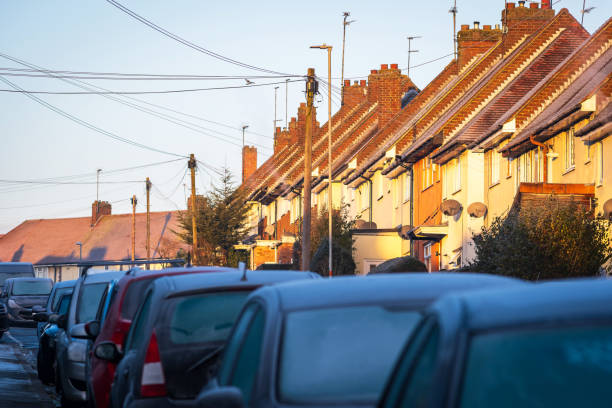 istock Frost snow covered british house roof in england uk 2196074448