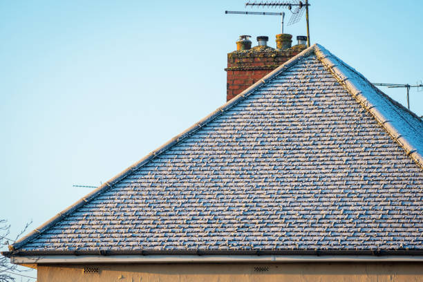 istock Frost snow covered british house roof in england uk 2196074458