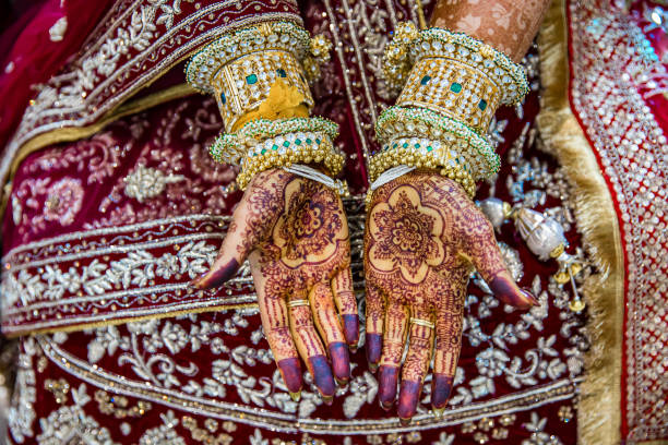 Jaipur, India - May 26, 2011: Hindu bride's hand with bangles and henna tattoo