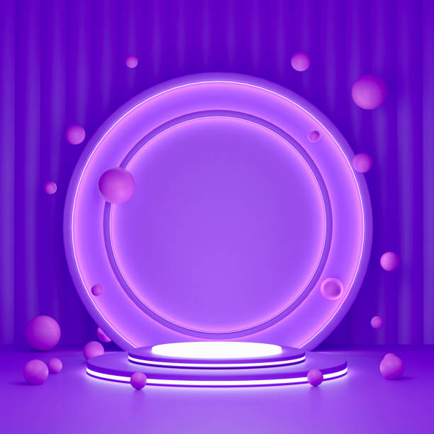istock 3D White multi-tiered circular platform with glowing rim, purple background with vertical ridges, glowing purple circle behind, pink spheres scattered around. Vibrant, modern, playful aesthetic. 2196077102