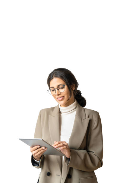 istock Latin hispanic woman in business suit holding digital pad tab computer. Smiling young middle eastern businesswoman using tablet pc online application for work isolated on white background. Vertical 2196077219