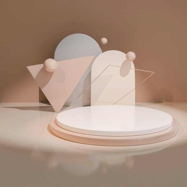 istock 3D White multi-tiered circular platform centered among beige and white geometric shapescircle, triangle, arch, thin square frame, three spheres. Tan background, abstract, modern presentation. 2196077312