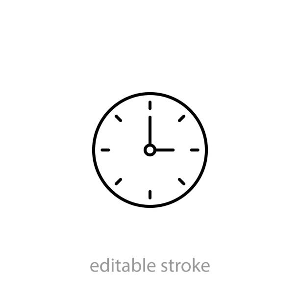 ilustraciones, imágenes clip art, dibujos animados e iconos de stock de diseño de iconos de tiempo. reloj de pared, icono de estilo lineal. reloj de pared redondo sencillo. ancho de trazo editable. - reloj de mano