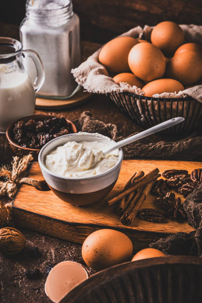 istock Assorted baking ingredients on wooden vintage table 2196086975